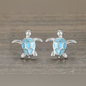 Silver Tone & Blue Turtle Earrings